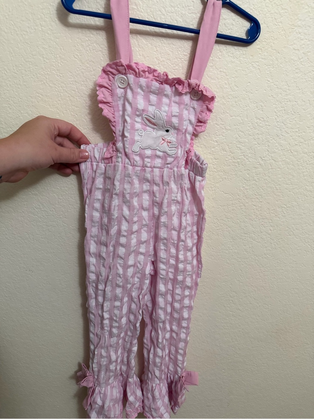 Amazon Pink and White Striped Bunny Appliqué Overalls